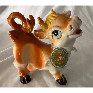 Vintage Hand-Painted Ceramic Cow Figurine With Blue Ribbon 1st Place Detail Coll